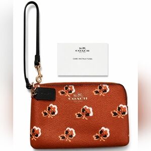 Coach Floral Print Wristlet Brown Pebbled Leather Zip Pouch w/ Strap